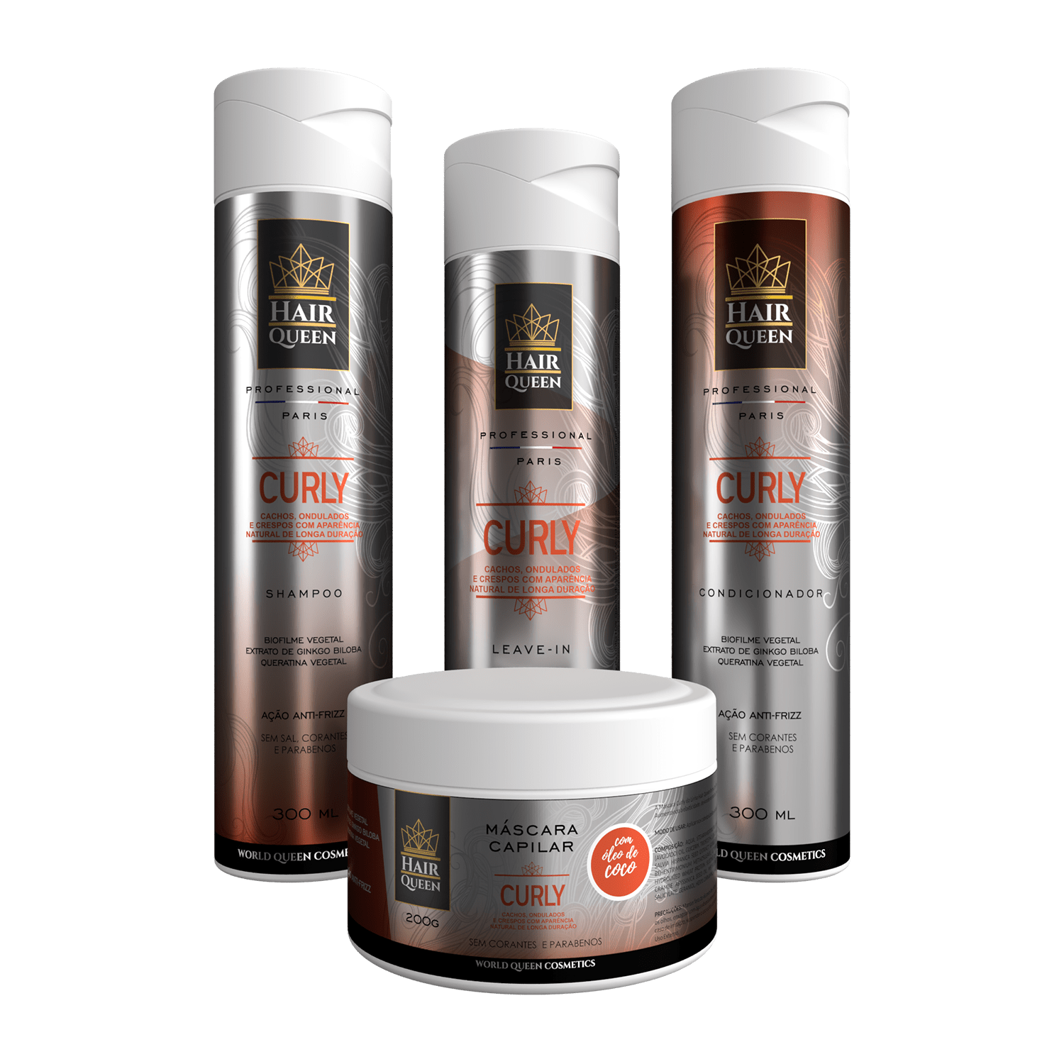 KIT CURLY - HAIR QUEEN - SHAMPOO + CONDICIONADOR + MASCARA + LEAVE IN